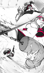  :o absurdres back bandeau black_jacket black_shorts black_thighhighs bouncing_breasts breasts chains cleavage covered_nipples cropped_jacket curvy exercising female goggles goggles_on_head greyscale gym hanging high_kick highres indoors jacket kicking large_breasts legs_apart lights long_bangs long_sleeves monochrome motion_blur motion_lines multiple_views niwamaru_(niwarhythm) niwarhythm original pink_eyes pink_trim punching_bag ripples shiny_skin shockwave short_hair short_shorts shorts smoke smoke_trail spot_color strapless strong thick_thighs thighhighs thighs underboob white_background white_footwear white_hair 