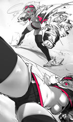  absurdres bandeau black_jacket black_shorts black_thighhighs breasts cleavage clenched_hands cropped_jacket curvy exercising female fighting_stance goggles goggles_on_head greyscale hair_over_one_eye highres jacket long_bangs long_sleeves medium_breasts monochrome motion_blur motion_lines multiple_views navel niwamaru_(niwarhythm) niwarhythm original pants pink_eyes pink_trim punching shiny_skin short_hair short_shorts shorts skindentation spinning spot_color strapless thick_thighs thighhighs thighs torn_clothes torn_pants underboob white_background white_footwear white_hair 