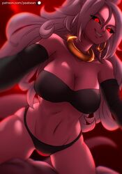  absurdres android_21 black_sclera black_sleeves bracelet breasts choker cleavage colored_sclera colored_skin commentary detached_sleeves dragon_ball dragon_ball_fighterz earrings english_commentary female gradient_background hair_between_eyes highres hoop_earrings jewelry large_breasts lips long_hair looking_at_viewer majin_android_21 panties patreon_username pea-bean pink_skin pointy_ears red_background red_eyes ring smile solo tail underwear white_hair yellow_choker 