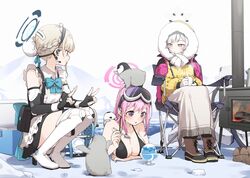  3girls apron aqua_eyes arm_under_breasts bikini bird black_bikini black_dress blue_archive blue_halo boots breasts camping_chair chest_harness cleavage commentary cooler cup double_v dress eimi_(blue_archive) eimi_(swimsuit)_(blue_archive) elbow_gloves fingerless_gloves firewood food glacier gloves goggles goggles_on_head halo harness highres himari_(blue_archive) holding holding_cup large_breasts looking_at_another looking_to_the_side maid multiple_girls official_alternate_costume outdoors partially_submerged penguin pink_halo shaved_ice ski_goggles swimsuit thigh_boots toki_(blue_archive) v white_apron yukie_(kusaka_shi) 