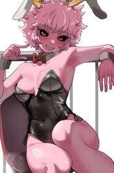  absurdres alternate_costume animal_ears armpits ashido_mina bare_legs bare_shoulders black_leotard black_sclera boku_no_hero_academia bow bowtie breasts cleavage clenched_teeth colored_sclera colored_skin commentary fake_animal_ears female highres leotard looking_at_viewer medium_breasts pink_hair pink_skin playboy_bunny rabbit_ears red_bow red_bowtie short_hair smile solo teeth yellow_eyes zd_(pixiv6210083) 