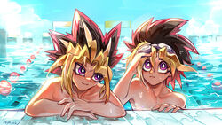  2boys bright_pupils eyelashes goggles goggles_on_head hair_between_eyes highres looking_up male_focus multicolored_hair multiple_boys muto_yugi namikaze_(dobbyka) parted_lips partially_submerged pectorals pool purple_eyes signature topless_male water wet wet_hair white_pupils yami_yugi yu-gi-oh! yu-gi-oh!_duel_monsters 