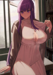  absurdres bookshelf breasts button_gap cleavage closed_mouth curvy dress female fern_(sousou_no_frieren) highres indoors kakeku large_breasts long_hair looking_at_viewer purple_eyes purple_hair solo sousou_no_frieren very_long_hair white_dress window 