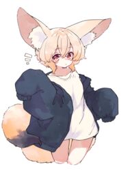  animal_ears black_jacket blonde_hair blush closed_mouth commentary_request cowboy_shot dot_mouth female fox_ears fox_girl fox_tail highres jacket large_ears megateru notice_lines open_clothes open_jacket original red_eyes shirt short_hair simple_background sleeves_past_fingers sleeves_past_wrists tail white_background white_shirt 