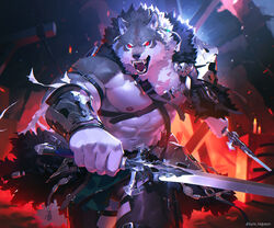  5_fingers 6:5 abs afd-yred anthro barazoku battle_cry canid canine canis countershading detailed fangs fingers fur grey_body grey_fur hi_res koutanagamori male mammal melee_weapon muscular muscular_anthro muscular_male mythological_canine mythological_creature mythology navel pecs red_eyes shaded shirtless_anthro shirtless_male solo sword swordfight teeth warrior weapon were werecanid werecanine werewolf white_body white_countershading white_fur wolf 