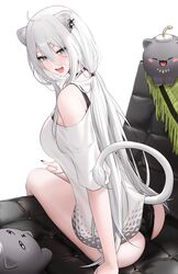  absurdres ahoge animal_ear_piercing animal_ears ass black_choker black_nails black_panties blush bra_strap breasts choker ear_piercing female from_behind grey_eyes grey_hair hair_between_eyes highres hololive large_breasts lion_ears lion_girl lion_tail long_hair looking_at_viewer looking_back loose_clothes loose_shirt official_alternate_costume official_alternate_hairstyle open_mouth panties piercing shirt shishiro_botan shishiro_botan_(casual) single_bare_shoulder sitting smile solo ssrb_(shishiro_botan) t-shirt tail underwear virtual_youtuber wanne white_shirt 