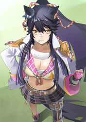  absurdres animal_ears bandaged_leg bandages bandaid bandaid_on_face bandaid_on_nose black_hair black_skirt boots breasts cleavage clenched_hand commentary commentary_request ear_ornament female fingerless_gloves fur-trimmed_collar fur_trim gloves highres horse_ears horse_girl jacket jitome_no_tsugumi large_breasts long_hair long_sleeves midriff mouth_hold narita_brian_(umamusume) navel open_clothes open_jacket pink_gloves plaid plaid_skirt rope shadow shimenawa simple_background single_thighhigh skirt solo stalk_in_mouth thighhighs umamusume very_long_hair white_jacket yellow_eyes 