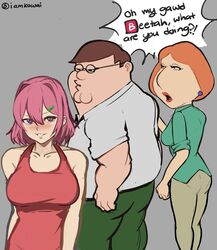  1boy 2girls absurdres breasts cleft_chin collared_shirt distracted_boyfriend_(meme) double_chin earrings english_commentary english_text family_guy fat fat_man glasses green_pants green_shirt grey_background hair_intakes hair_ornament hairclip highres jewelry kowai_(iamkowai) lois_griffin meme multiple_girls original pants peter_griffin purple_eyes purple_hair red_tank_top round_eyewear shirt tank_top white_shirt yellow_pants 