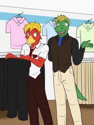  3:4 alligator alligatorid anthro avian bird bottomwear clothed clothing clothing_store crocodilian duo fully_clothed fuze hi_res holding_bottomwear holding_clothing holding_object holding_pants male necktie pants reptile scalie shirt topwear tyler_(fuze) vest 