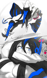  2girls absurdres armbar bandeau battle black_hair black_thighhighs blue_eyes blue_trim blurry breasts cleavage curvy depth_of_field duel evil_smile goggles goggles_on_head high_heels highres jumping large_breasts long_sleeves motion_lines multiple_girls niwamaru_(niwarhythm) niwarhythm original pink_eyes pink_trim sameko_(niwarhythm) shaded_face shadow shiny_skin sideboob smile strapless suplex surprised thick_thighs thighhighs thighs underboob white_footwear white_hair 