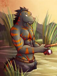  2023 5_fingers abs anthro artist_name athletic athletic_male belt biceps black_bottomwear black_clothing black_hair black_shorts bottomwear calm claws clothed clothing digital_media_(artwork) dusk echo_(game) echo_(series) echo_project fingers fishing fishing_rod flynn_moore front_view gila_monster grass green_eyes hair helodermatid hi_res holding_fishing_rod holding_object lake lizard male mountain muscular muscular_male nipples outside partially_submerged pecs plant reptile scales scalie shadow shorts side_view sky smile solo standing tail topless triceps ventkazemaru water watermark 