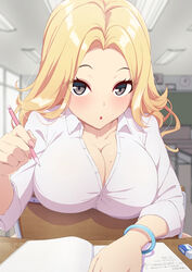  :o absurdres blonde_hair blurry blurry_background bracelet breasts brown_eyes ceiling classroom cleavage clock collarbone collared_shirt commentary_request eraser female highres holding holding_pencil indoors jewelry large_breasts looking_at_viewer mechanical_pencil mole mole_on_breast notebook open_mouth original pencil sakamata_(sakamata4) shirt sitting sleeves_rolled_up solo upper_body wall_clock wavy_hair white_shirt window 