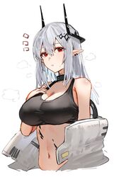  arknights black_sports_bra breasts cleavage commentary cowboy_shot demon_horns double-parted_bangs ear_piercing expressionless female grey_hair hair_between_eyes hair_ornament hand_on_own_chest highres horn/wood horns infection_monitor_(arknights) jumpsuit large_breasts long_hair looking_at_viewer material_growth mudrock_(arknights) mudrock_(elite_ii)_(arknights) navel notice_lines open_jumpsuit oripathy_lesion_(arknights) parted_lips piercing pointy_ears red_eyes simple_background solo sports_bra steaming_body stomach sweat underwear white_background white_jumpsuit 