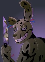  absurd_res ambiguous_gender animatronic anthro five_nights_at_freddy&#039;s five_nights_at_freddy&#039;s_3 gradient_background grin hi_res holding_knife holding_object imperatorcaesar knife looking_at_viewer machine narrowed_eyes notched_ear robot scottgames simple_background smile solo springtrap_(fnaf) tan_body wire 