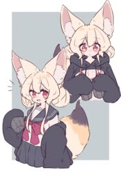  :d absurdres animal_ears black_jacket black_sailor_collar black_skirt blonde_hair blush bow breasts commentary_request cropped_torso double_bun drawstring female fox_ears fox_girl fox_tail grey_background hair_between_eyes hair_bun highres hood hood_down jacket large_ears long_sleeves megateru multiple_views off_shoulder open_clothes open_jacket original pleated_skirt puffy_long_sleeves puffy_sleeves red_bow red_eyes sailor_collar school_uniform serafuku shirt shrug_(clothing) skirt sleeves_past_fingers sleeves_past_wrists small_breasts smile tail two-tone_background white_background white_shirt 