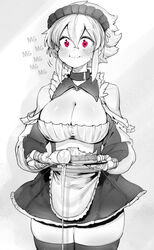  absurdres apron ascot bandaged_hand bandages bare_shoulders bite_mark black_choker breasts chewing choker cleavage collarbone cup dress drinking_glass eating female food frilled_dress frills greyscale highres holding holding_tray large_breasts light_blush light_rays long_bangs maid maid_apron maid_headdress mg_mg monochrome niwamaru_(niwarhythm) niwarhythm original pink_eyes puffy_cheeks raised_eyebrows revealing_clothes saliva saliva_drip shiny_skin short_hair skirt solo sound_effects spilling spot_color thick_thighs thighs torn_clothes torn_sleeves tray unconventional_maid white_background white_hair wine_glass 