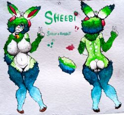  absurd_res anthro bell bell_collar big_breasts blush bovid breasts caprine collar eyeliner female fingers freckled_breasts freckled_face freckles front_view fur fur_collar fur_tuft green_body green_fur green_hair hair hi_res hooves horn lagomorph leporid makeup mammal multicolored_body multicolored_ears multicolored_fur multicolored_hair multicolored_tail rabbit rear_view red_eyeliner red_horn reference_to_character sheebi sheebibites sheep smile smiling_at_viewer solo spots tail teal_body teal_eyes teal_fur teal_hair text tuft white_spots 