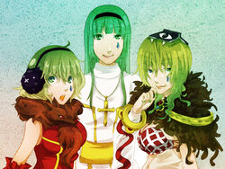  3girls animal_around_neck argyle_clothes argyle_dress black_hairband blunt_bangs book book_on_head breasts cleavage closed_mouth commentary_request cross cross_necklace detached_sleeves deviruchi dress enpera finger_to_own_chin fingernails flowery_peko fox fur_collar green_eyes green_hair green_nails hair_between_eyes hairband headphones high_priest_(ragnarok_online) hime_cut jewelry large_breasts long_bangs long_hair looking_at_viewer medium_bangs medium_breasts multiple_girls nail_polish necklace object_on_head open_mouth professor_(ragnarok_online) ragnarok_online red_dress red_sleeves rideword_(ragnarok_online) sash short_hair sidelocks sleeveless sleeveless_dress smile sorcerer_(ragnarok_online) teardrop_facial_mark upper_body wavy_hair white_dress white_sleeves yellow_sash 