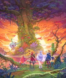  animal_ears bird careena_(visions_of_mana) cat_ears cat_tail fantasy haccan highres julei_(visions_of_mana) key_visual morley_(visions_of_mana) official_art palamena_(visions_of_mana) plant promotional_art ramcoh_(visions_of_mana) scenery seiken_densetsu standing sunset sword tail tree val_(visions_of_mana) visions_of_mana weapon weapon_on_back wings 