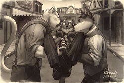  1900s 3:2 5_fingers anotherbluhusky anthro artist_name balcony black_and_white black_bottomwear black_clothing black_footwear black_nose black_pants black_shoes blush blush_lines bottomwear bow_tie canid canine carrying_another claws clifford_tibbits clothed clothing cougar day digital_media_(artwork) dirt_road door_knob dress_pants dress_shirt dress_shoes echo_(series) echo_project english_text eyewear felid feline feline_tail fingers floor fluffy fluffy_tail footwear fox front_view glasses group hair hand_holding heart_eyes heart_symbol hi_res holding_partner holding_partner&#039;s_leg kissing kissing_cheek leaning leaning_forward male male/male mammal monochrome motion_lines murdoch_byrnes mustelid musteline old_photograph outside overshirt pants public public_exposure raised_arms raised_tail red_fox rolled_up_sleeves round_glasses saloon samuel_ayers shadow shirt side_view signature sky stoat store_sign storefront surprise surprised_expression suspenders tail tail_motion tailwag text the_smoke_room topwear trio true_fox true_musteline village wall_(structure) watermark weasel wide_eyed wild_west window wood wood_floor wood_wall worn_photo 