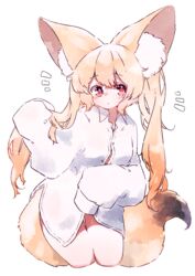  animal_ears blonde_hair blush collared_shirt commentary_request cowboy_shot female fox_ears fox_girl fox_tail furrowed_brow highres large_ears long_hair long_shirt looking_at_viewer megateru naked_shirt notice_lines original red_eyes shirt simple_background sleeves_past_fingers sleeves_past_wrists tail white_background white_shirt 