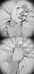  1boy 1girls absurdres fate/grand_order fate_(series) female florence_nightingale_(fate) fujimaru_ritsuka_(male) grey_background greyscale hand_holding handholding highres holding_hands hxd implied_sex interlocked_fingers male monochrome on_bed simple_background 