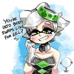  2019 black_dress blush color curious cute cute_fang exposed_shoulders eyeliner facing_viewer gloves green_dress green_eyes inkling joke judging light-skinned_female marie_(splatoon) nintendo onat onatart pun secretly_loves_it shaming sharp_teeth small_breasts smile smiling splatoon squid_girl squid_sisters tentacle text white_hair 