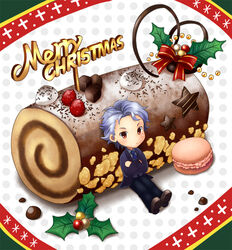  1boy blazer blue_hair blush bow chibi chocolate christmas commentary_request cookie crossed_arms food fruit holly jacket macaron male_focus mauve mini_person miniboy necktie pants photoshop_(medium) raspberry red_eyes shitara_seiji solo sprinkles tokimeki_memorial tokimeki_memorial_girl&#039;s_side tokimeki_memorial_girl&#039;s_side_3rd_story yule_log_(cake) 