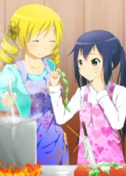  2girls apron black_hair blonde_hair brown_eyes closed_eyes commentary_request cooking crossover drill_hair highres k-on! knife ladle long_hair mahou_shoujo_madoka_magica mahou_shoujo_madoka_magica_(anime) multiple_girls nakano_azusa pot tomoe_mami twin_drills twintails xxxx 