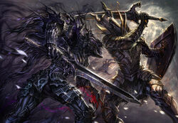  2boys armor battle black_armor black_knight_(dark_souls) cape commentary_request damaged dark_souls_(series) dark_souls_i dark_wraith duel embers fighting_stance full_armor gauntlets greaves hands haze helmet highres knight light_rays manly multiple_boys muscular petals shield skull sunbeam sunlight sword touge_(kubiwa_tsuki) weapon 