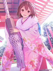  :d andou_hitomi architecture banned_artist blush breath brown_eyes brown_hair east_asian_architecture floral_print flower fur fur_collar furisode hair_flower hair_ornament hatsumoude ilog japanese_clothes kimono looking_at_viewer mana_kakkowarai new_year obi open_mouth original sash short_hair shrine shrine_bell smile solo 