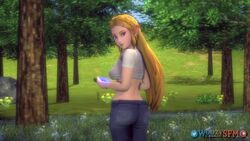  1girls 3d 3d_animation alternate_version_available ambiguous_pov animated ass belly belly_button blonde_female blonde_hair blue_eyes breasts clothed_female clothing female female_focus female_only hands_behind_back hylian hylian_ears jeans jiggle light-skinned_female light_skin long_hair nintendo nipples outdoors posing posing_for_picture posing_for_the_viewer pov princess_zelda pussy sheikah_slate shirt short_sleeves small_waist smile smiling smiling_at_viewer solo_focus sound the_legend_of_zelda tied_shirt toned toned_female underboob video voice_acted woozysfm x-ray_vision zelda_(breath_of_the_wild) zerodiamonds 