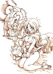  breasts brown canine cleavage clothing enek hisahiko holo kneeling kraft_lawrence medium_breasts monochrome nora_arento panties sheep skirt skirt_pull skirt_tug spice_and_wolf wolf 