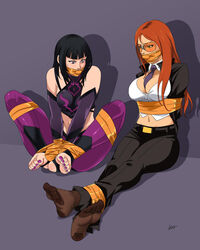  2girls bondage capcom crimson_viper duo feet female female_only fully_clothed gag juri_han lostonezero orange-tinted_eyewear pantyhose pink_toenails street_fighter street_fighter_iv sunglasses tape_bondage tape_gag tinted_eyewear toenail_polish visor 