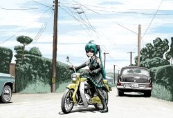  3girls ahoge aircraft airplane car clone commentary_request f-4_phantom_ii gloves hatsune_miku long_hair military motor_vehicle motorcycle multiple_girls necktie outdoors power_lines rxjx smile sunglasses utility_pole vehicle_focus vocaloid 