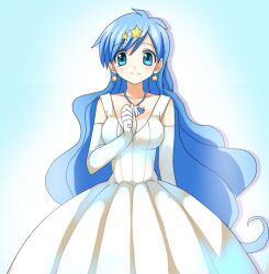  blue_eyes blue_hair commentary_request dress elbow_gloves female gloves gown hair_ornament houshou_hanon jewelry long_hair mermaid_melody_pichi_pichi_pitch miru necklace solo star_(symbol) star_hair_ornament 