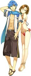  1boy adapted_costume alternate_costume anklet barefoot bikini blue_eyes blue_hair blue_scarf brown_eyes brown_hair couple female flower full_body hidari_(left_side) jewelry kaito_(vocaloid) long_legs lowres meiko_(vocaloid) navel one_eye_closed scarf short_hair simple_background smile straight summer swimsuit tachi-e tiptoes toe_ring vocaloid 