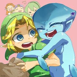  1boy 4girls angry blonde_hair blue_eyes brown_hair commentary_request fish_girl hat hug link long_hair malon monster_girl multiple_girls napm photoshop_(medium) pointy_ears princess_ruto princess_zelda puff_of_air saria_(zelda) smile the_legend_of_zelda the_legend_of_zelda:_ocarina_of_time young_zelda zora 