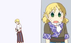  2girls arawi_keiichi_(style) bad_id bad_pixiv_id blonde_hair green_eyes hiding horns hoshiguma_yuugi hyadain_no_kakakata_kataomoi_-_c long_hair mizuhashi_parsee multiple_girls nichijou no_horns parody pointy_ears single_horn style_parody sweatdrop touhou ume_(plumblossom) 