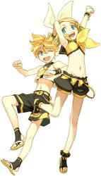  1boy adapted_costume alternate_costume armpits blonde_hair blue_eyes bow brother_and_sister crop_top female full_body hair_ornament hairbow hairclip hidari_(left_side) kagamine_len kagamine_rin lowres midriff navel one_eye_closed open_mouth short_hair siblings simple_background smile summer swimsuit tachi-e twins vocaloid 