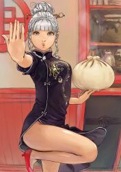  :o baozi bottle braid carina_(xiaowoo) china_dress chinese_clothes commentary_request dress female fighting_stance food foreshortening grey_eyes grey_hair hair_ornament hair_up high_heels highres indoors jar lattice leg_up lips original oversized_object round_window shelf shoes solo standing standing_on_one_leg steam twin_braids window 