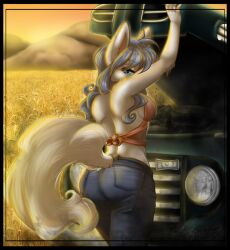  arctic-sekai arctic-sekai_(character) ass blue_hair bottomwear breasts canid canine car clothing denim denim_bottomwear denim_clothing engine female field fox hair jeans looking_at_viewer mammal pants raised_arm side_boob solo truck_(vehicle) vehicle wheat_field white_hair 