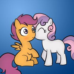  1:1 blush duo equid equine feathered_wings feathers female feral friendship_is_magic hair hasbro kissing kissing_cheek love mammal my_little_pony mythological_creature mythological_equine mythology orange_body orange_feathers pegasus pink_eyes pink_hair purple_hair quadruped scootaloo_(mlp) sweetie_belle_(mlp) tail unknown_artist white_body wing_boner wings young young_feral 