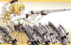  beret blonde_hair blurry breasts commentary_request corset depth_of_field detached_sleeves drill_hair fate/stay_night fate_(series) female field_of_blades fingerless_gloves glint gloves gradient_background gun hair_ornament hairpin hat letterboxed magical_girl magical_musket mahou_shoujo_madoka_magica mahou_shoujo_madoka_magica_(anime) medium_breasts multiple_weapons nyoro_(nyoronyoro000) ornate outside_border perspective photoshop_(medium) planted planted_gun pleated_skirt puffy_sleeves ribbon rifle shirt skirt solo taut_clothes taut_shirt tomoe_mami tomoe_mami_(magical_girl) trigger_discipline twin_drills twintails unlimited_blade_works_(fate) weapon 