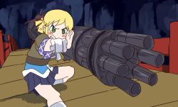  arawi_keiichi_(style) bad_id bad_pixiv_id blonde_hair blush bridge clenched_teeth female gatling_gun green_eyes gun hyadain_no_kakakata_kataomoi_-_c mizuhashi_parsee nichijou parody short_hair skirt solo squatting style_parody tears teeth touhou ume_(plumblossom) weapon 