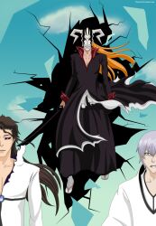  3boys aizen_sousuke bleach epic highres ichimaru_gin kurosaki_ichigo mask multiple_boys vaizard 