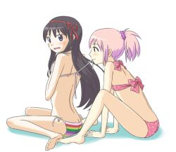  2girls akemi_homura alternate_costume arched_back ass barefoot between_legs bikini bikini_in_another&#039;s_mouth bikini_in_mouth black_hair blush bow clothes_in_mouth commentary_request covering_breasts covering_privates hair_ornament hair_ribbon hand_between_legs kaname_madoka leaning_forward lingerie long_hair looking_back mahou_shoujo_madoka_magica mahou_shoujo_madoka_magica_(anime) makoto_(dandelion) mouth_hold multicolored_stripes multiple_girls open_mouth pink_hair polka_dot polka_dot_bikini polka_dot_swimsuit ponytail purple_eyes red_eyes ribbon scrunchie short_hair side-tie_bikini_bottom simple_background sitting string_bikini striped_bikini striped_clothes summer swimsuit twintails underwear untied_bikini untying wariza 