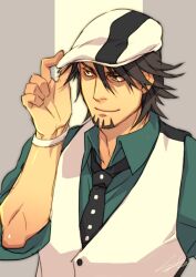  1boy brown_eyes brown_hair cabbie_hat closed_mouth commentary_request facial_hair goatee green_shirt hat hiryuu_(kugelcruor) kaburagi_t._kotetsu male_focus necktie shirt smile solo tiger_&amp;_bunny vest white_vest white_wristband 