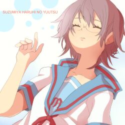  bad_id bad_pixiv_id blue_sailor_collar closed_eyes female glasses hajime_(hajime-ill-1st) kita_high_school_uniform nagato_yuki purple_hair sailor_collar school_uniform serafuku short_hair solo summer_uniform suzumiya_haruhi_no_yuuutsu 