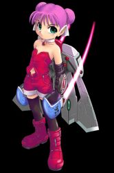  aged_down bare_shoulders black_background black_thighhighs boots choker double_bun energy_sword expressionless female gloves green_eyes hair_bun hair_ribbon hunewearl knee_boots looking_at_viewer mag_(phantasy_star) n3o2 navel phantasy_star phantasy_star_online pink_hair pointy_ears ribbon shorts sleeveless solo standing sword thighhighs weapon wings 